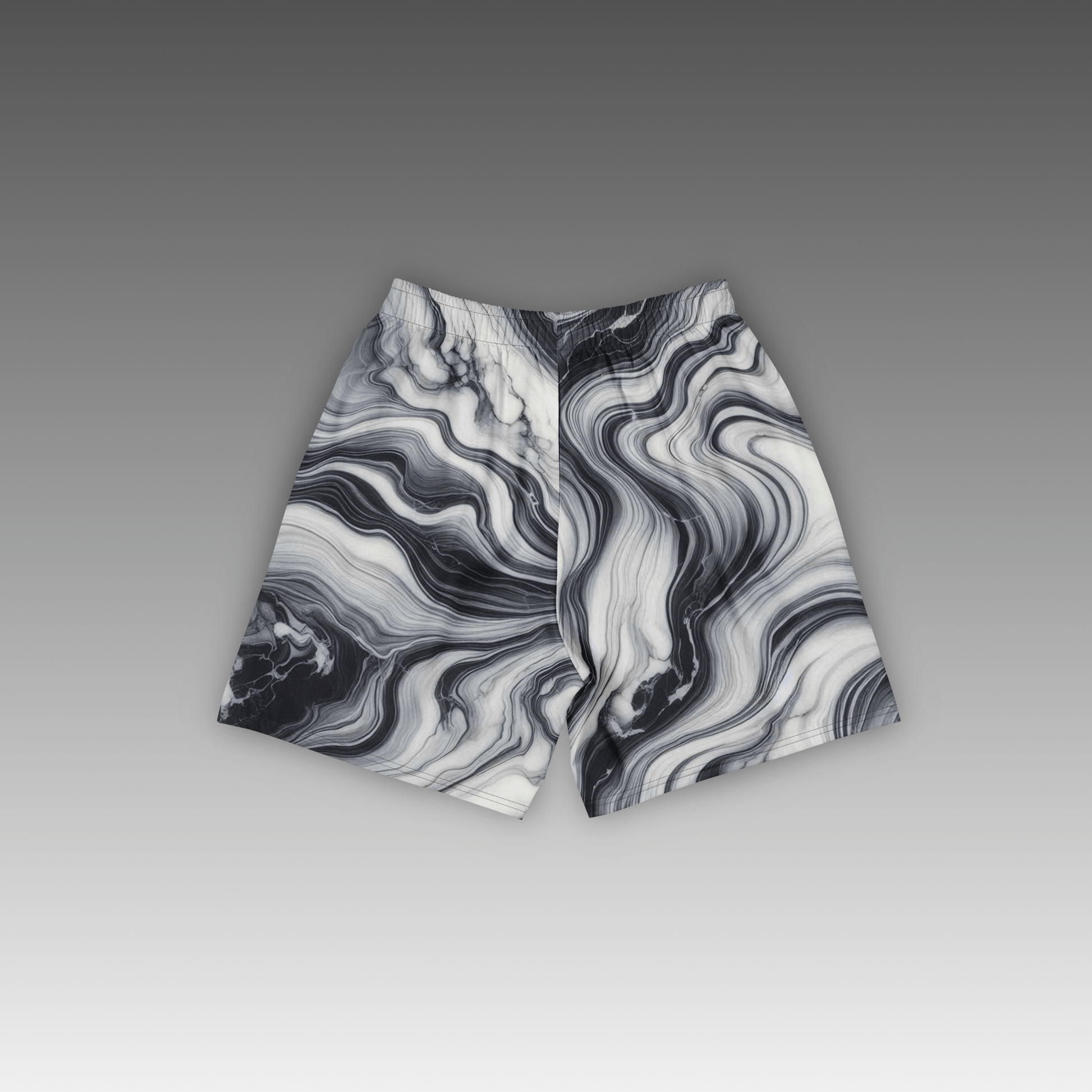 OTB Granite Basketball Shorts - back view displaying the detailed granite stone texture pattern on gray fabric, highlighting the quality construction, elastic waistband, and basketball-ready design
