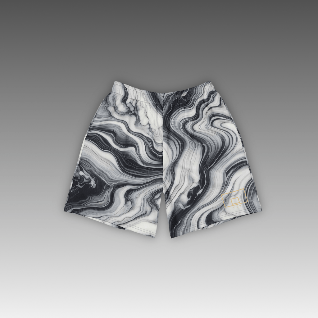 OTB Granite Basketball Shorts - front view showcasing gray shorts with granite stone texture pattern, featuring lightweight performance fabric and comfortable athletic fit for basketball players
