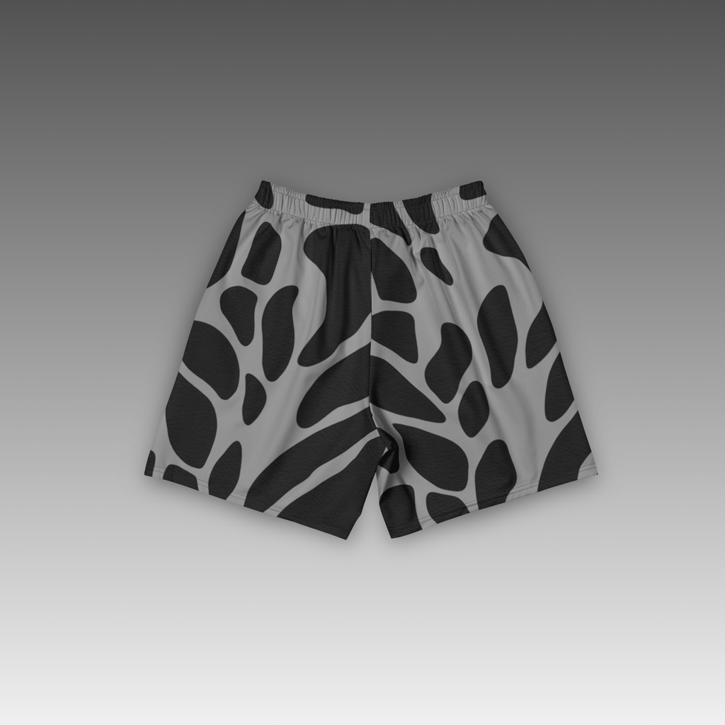 OTB Giraffe Basketball Shorts in Grey - back view displaying the detailed giraffe print pattern on grey fabric, highlighting the quality construction, elastic waistband, and basketball-ready design