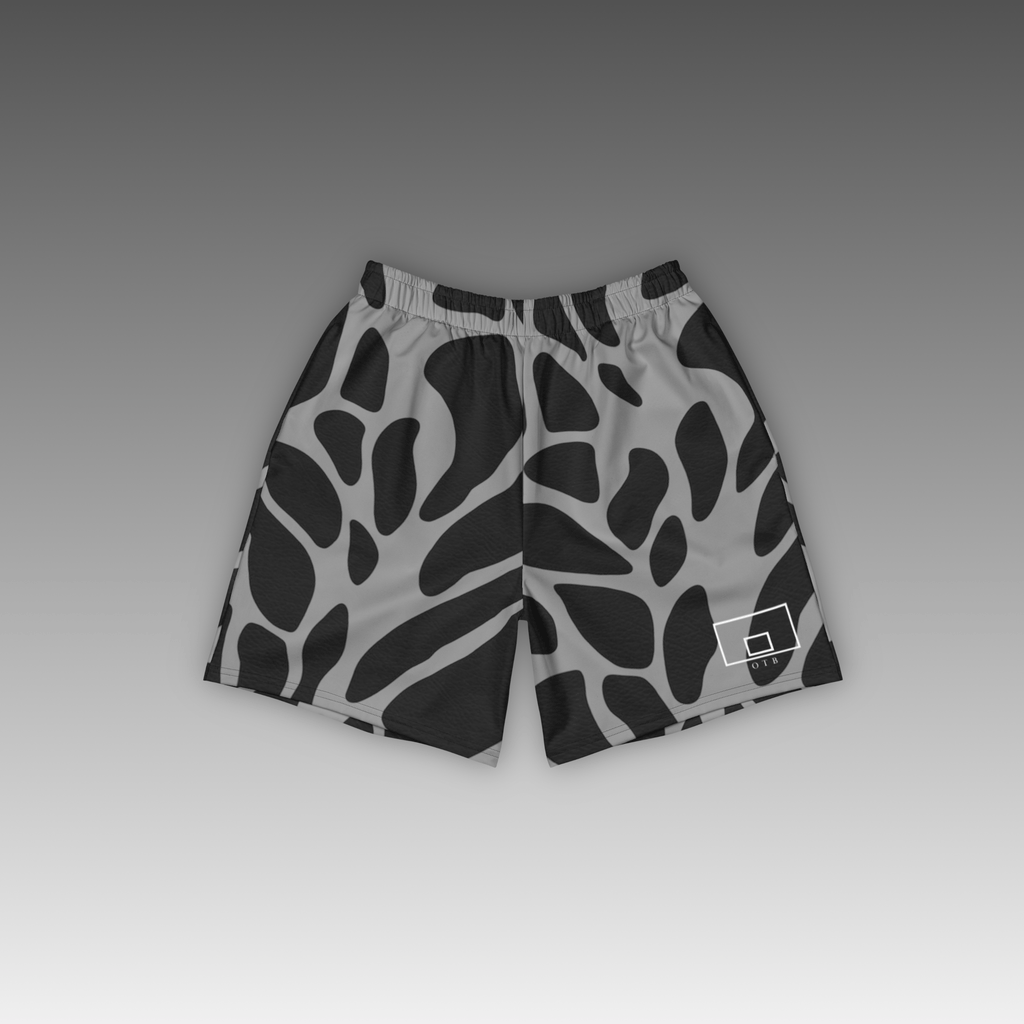 OTB Giraffe Basketball Shorts in Sky Blue - front view showcasing grey shorts with giraffe print pattern, featuring lightweight performance fabric and comfortable athletic fit for basketball players