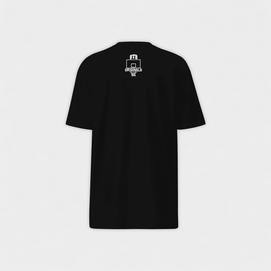 Black t-shirt with a logo on the back against a light gray background