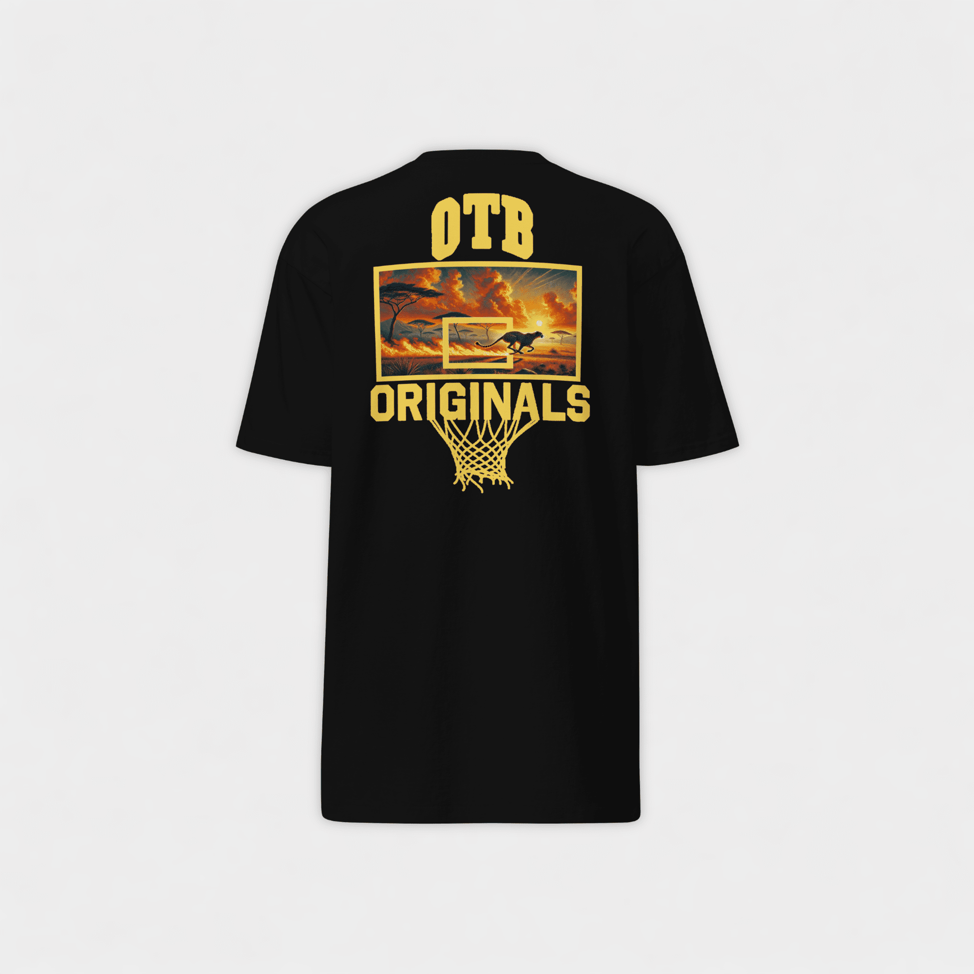 Black t-shirt with 'OTB Originals' graphic on a white background