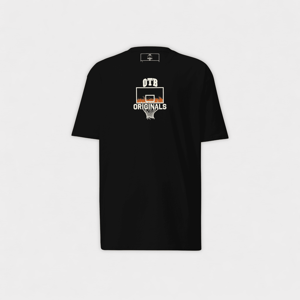 Black t-shirt with a basketball graphic and 'OTB Originals' text on a white background
