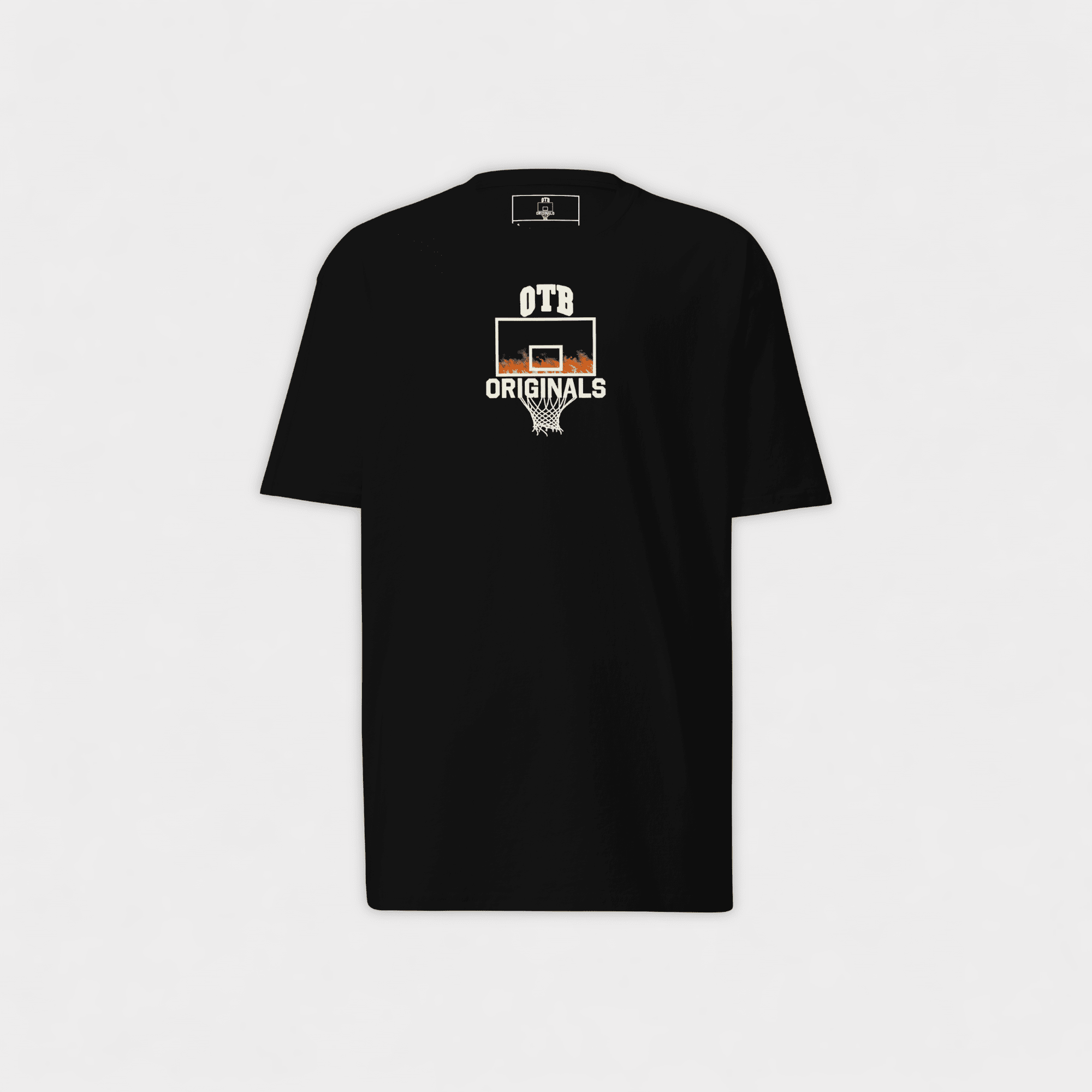 Black t-shirt with a basketball graphic and 'OTB Originals' text on a white background