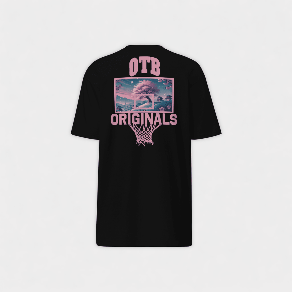 Black t-shirt with pink graphics and text on a white background