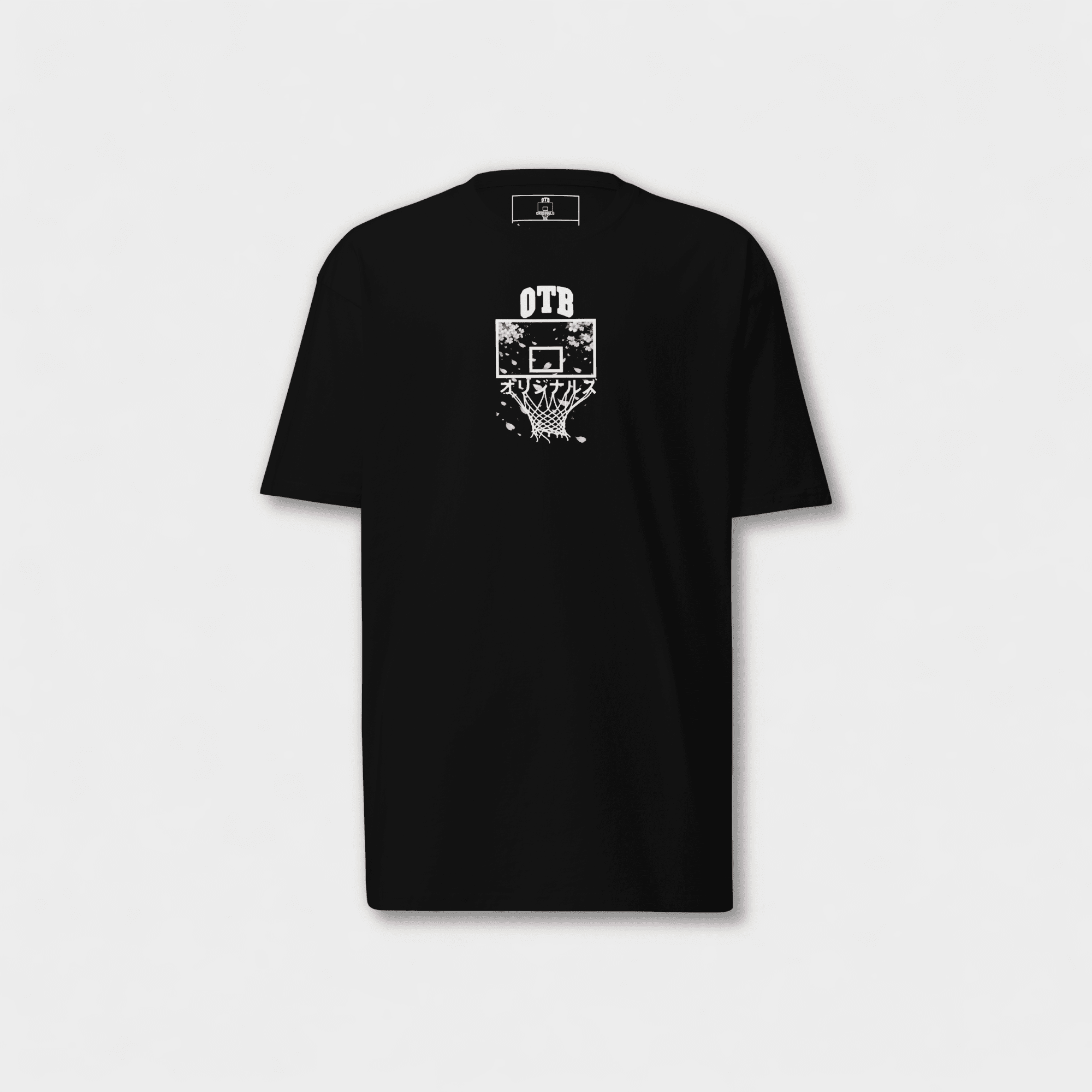 Black t-shirt with white graphic design on a light gray background