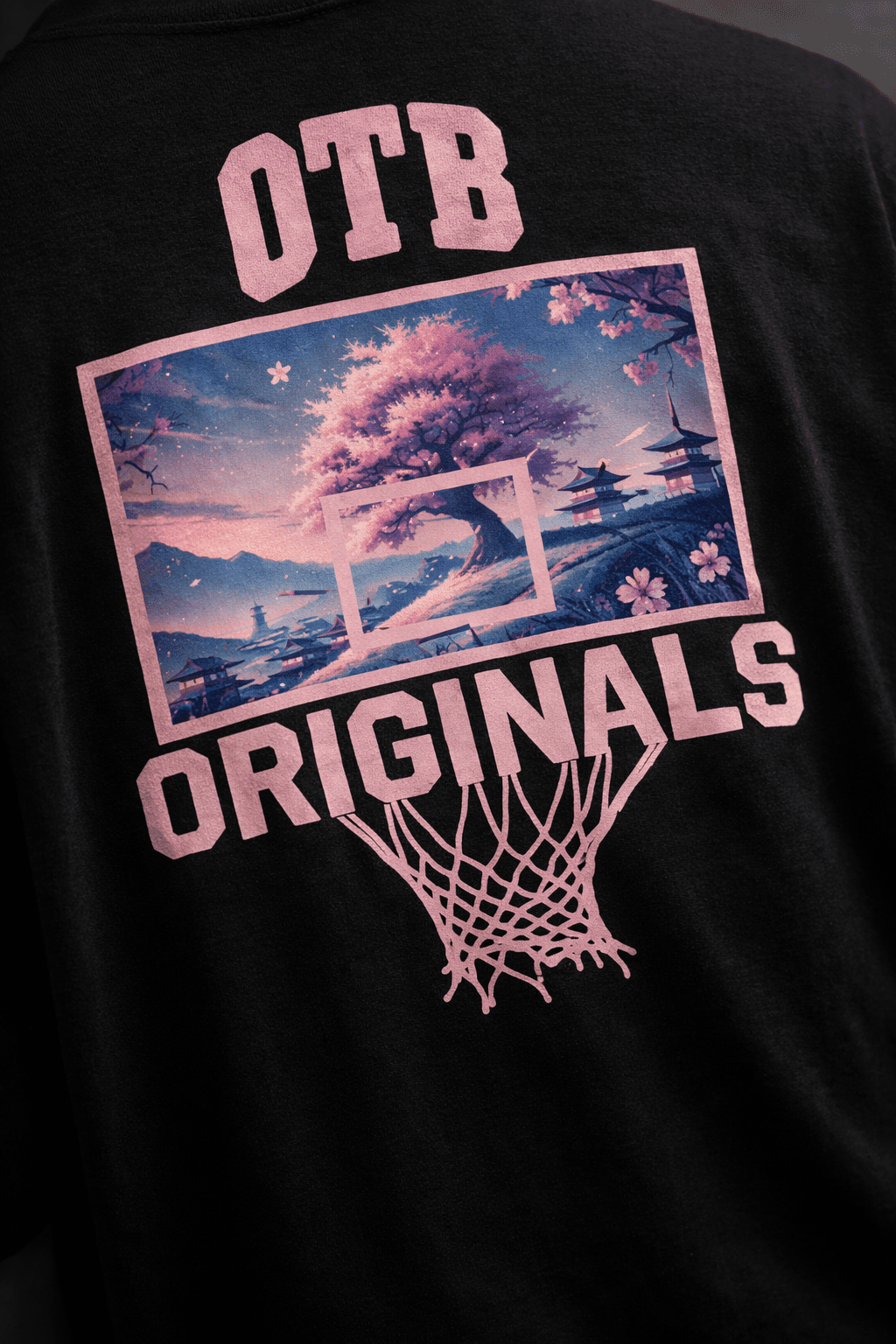 Black hoodie with 'OTB Originals' graphic design featuring a tree and basketball hoop.