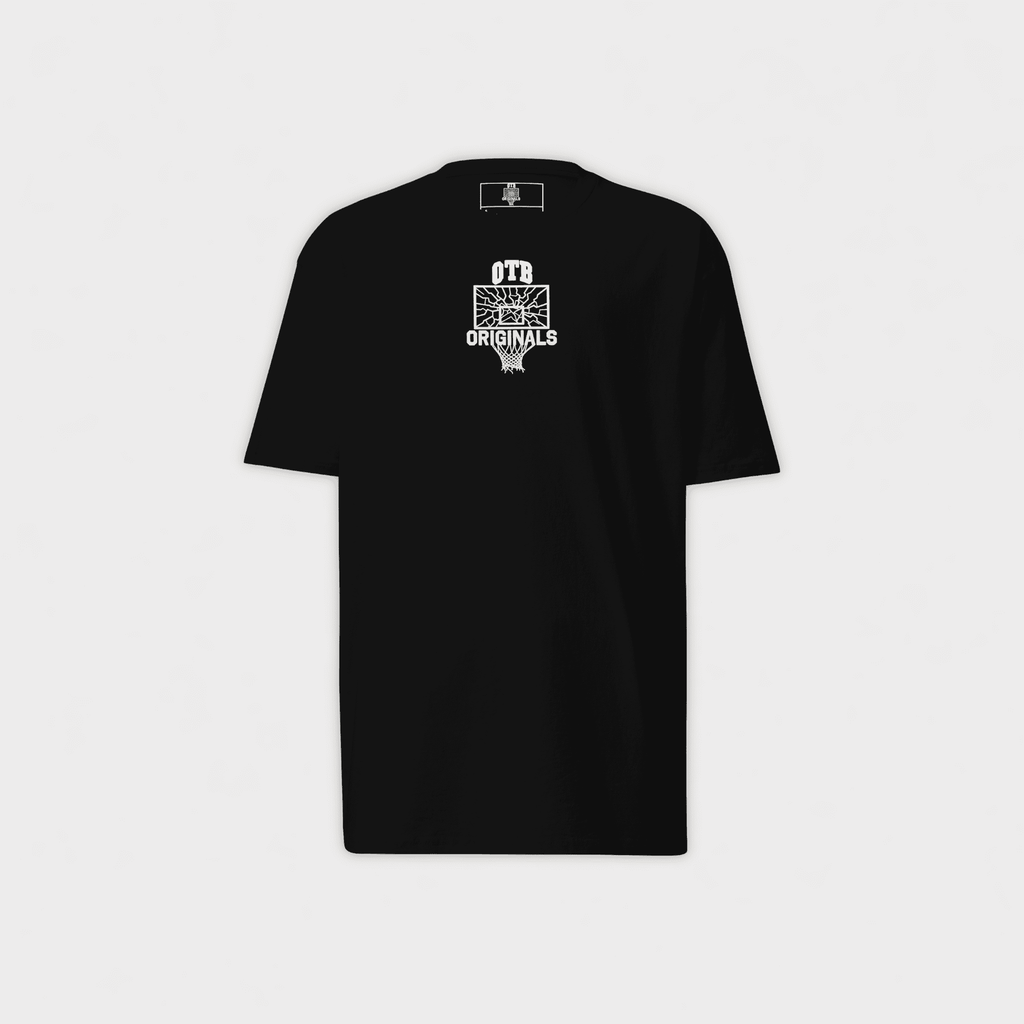 Black t-shirt with a white logo on a light gray background