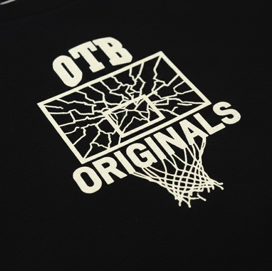 Black shirt with white 'OTB Originals' basketball hoop graphic