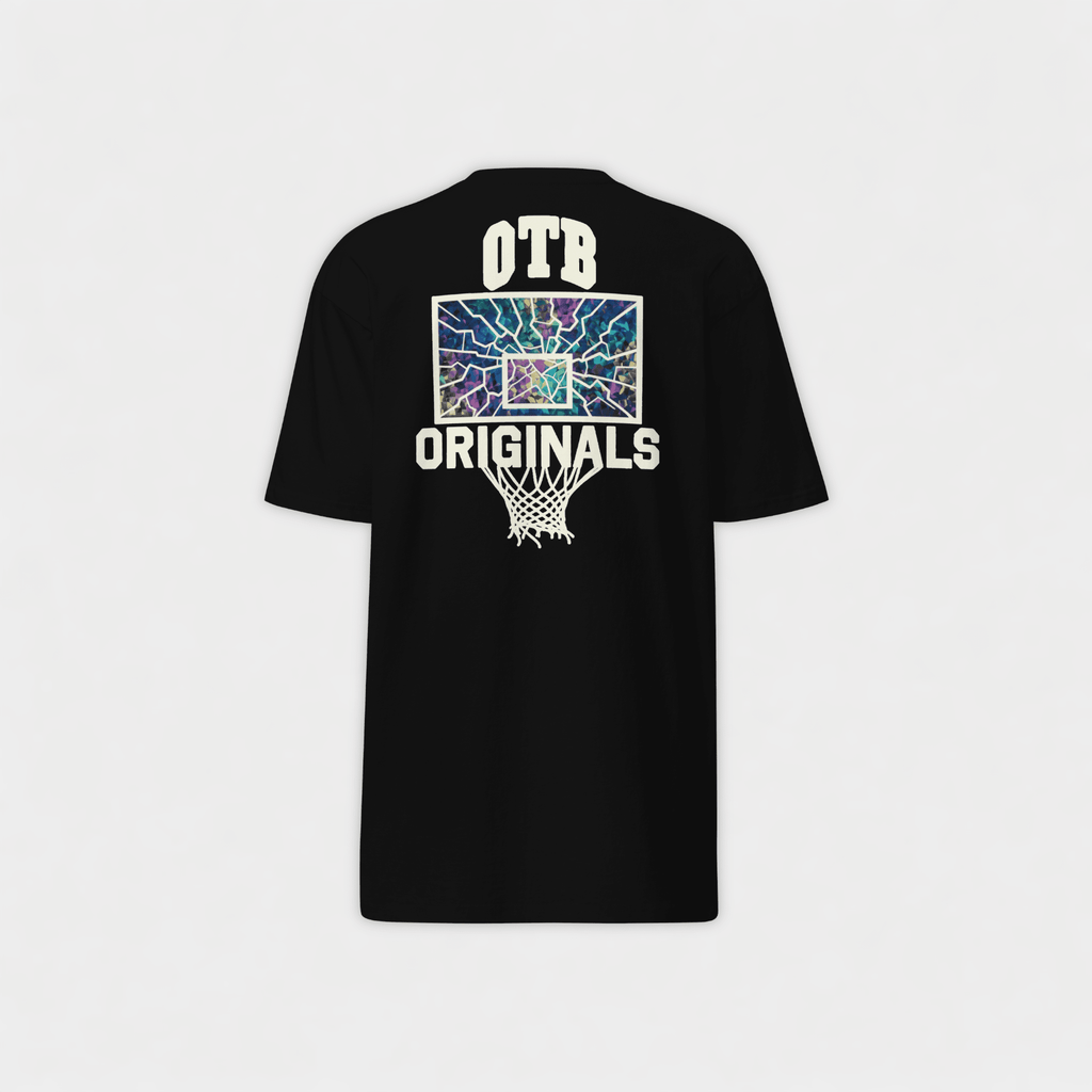 Black t-shirt with colorful basketball hoop graphic and 'OTB Originals' text on a light gray background