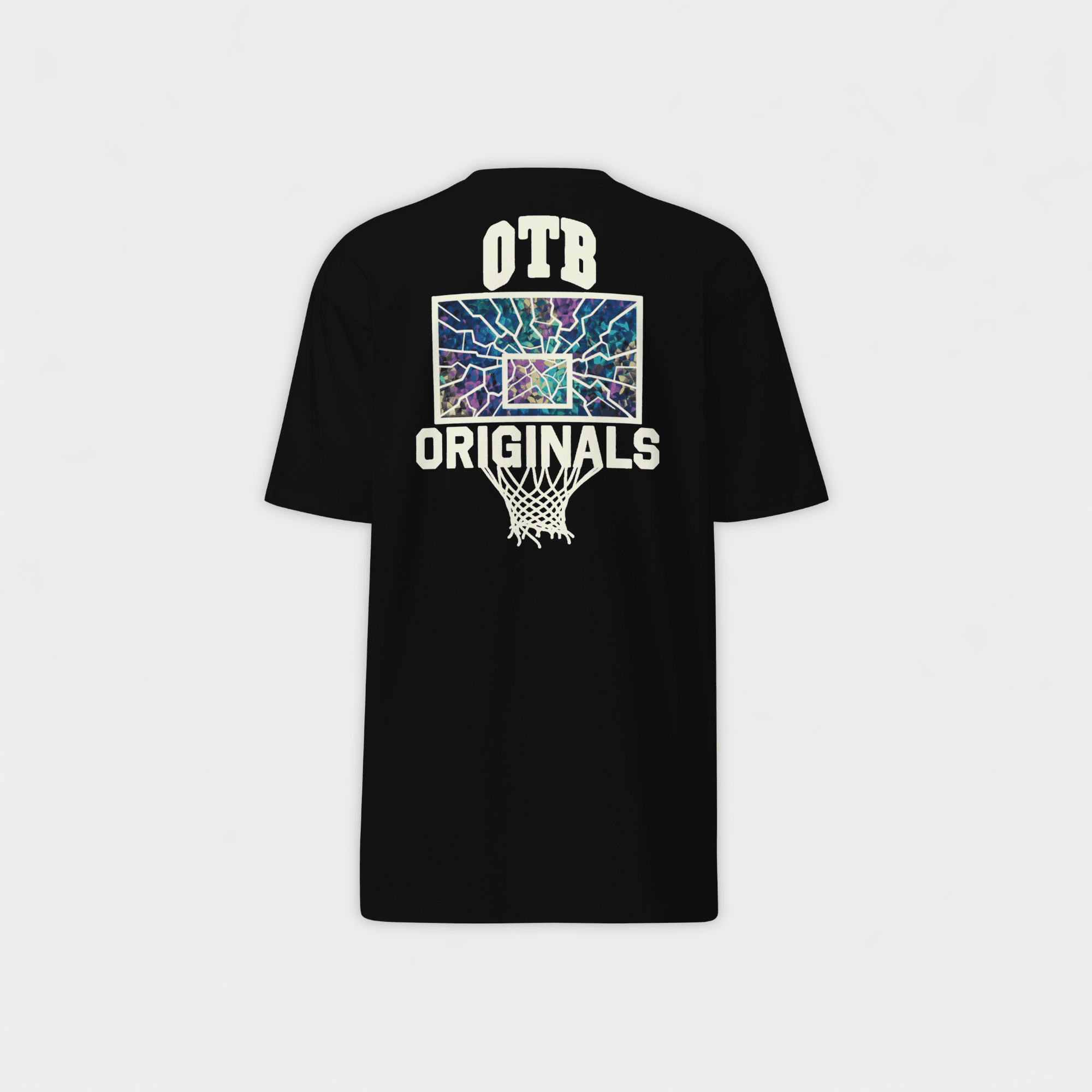 Black t-shirt with colorful basketball hoop graphic and 'OTB Originals' text on a light gray background