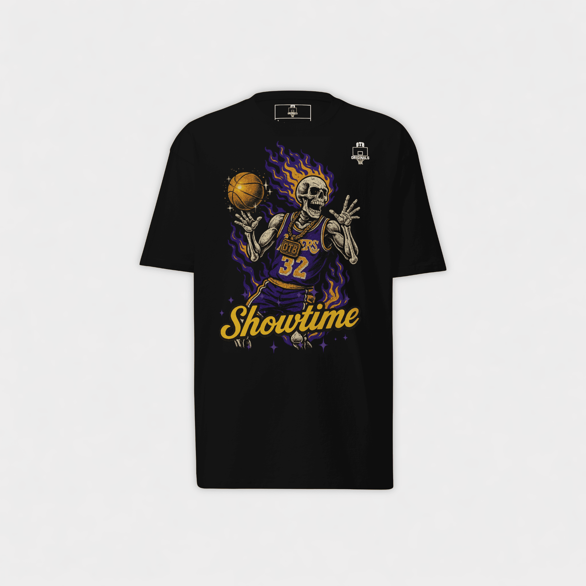 Black t-shirt with a skeleton holding a basketball and 'Showtime' text on a white background