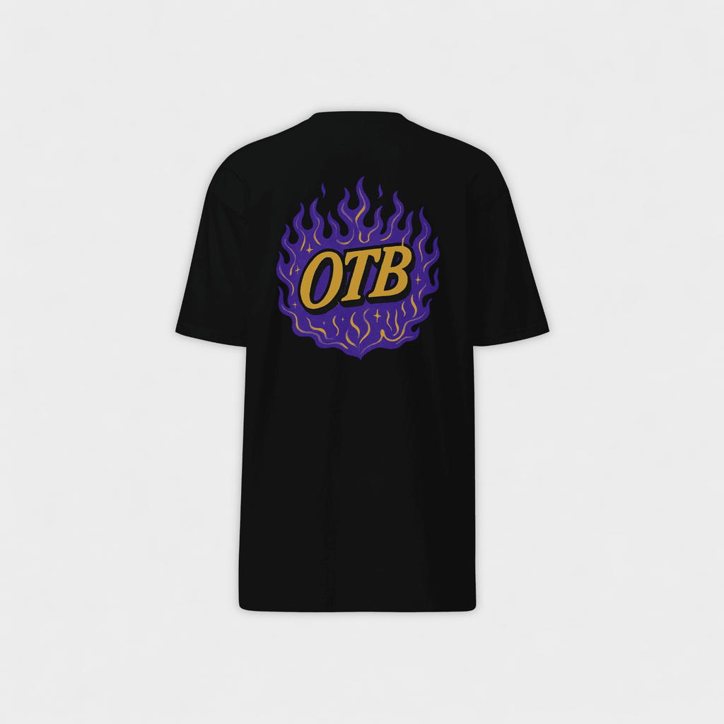 Black t-shirt with 'OTB' logo on a white background
