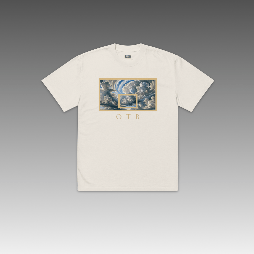 OTB Oversized Tee in Above The Clouds design - front view showcasing white oversized t-shirt with dreamy cloud pattern graphics, featuring relaxed fit and premium cotton fabric for ultimate comfort