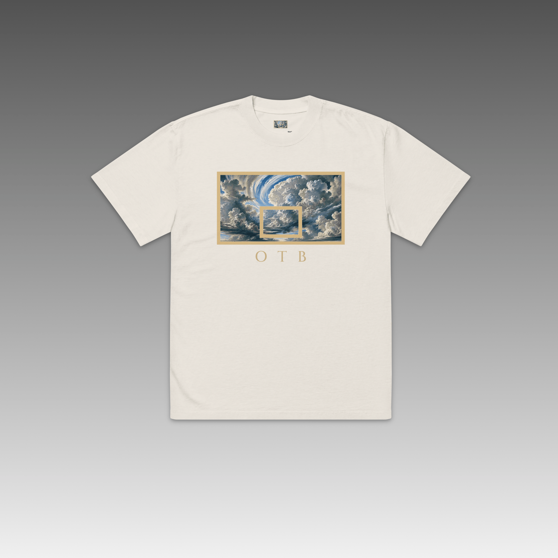 OTB Oversized Tee in Above The Clouds design - front view showcasing white oversized t-shirt with dreamy cloud pattern graphics, featuring relaxed fit and premium cotton fabric for ultimate comfort