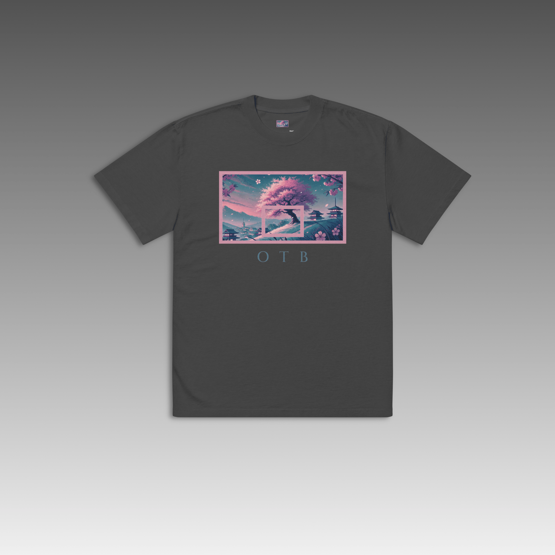 OTB Oversized Tee in Cherry Blossom design - front view showcasing a black oversized t-shirt with beautiful cherry blossom graphics and Japanese-inspired floral artwork, featuring relaxed fit and premium cotton fabric for ultimate comfort