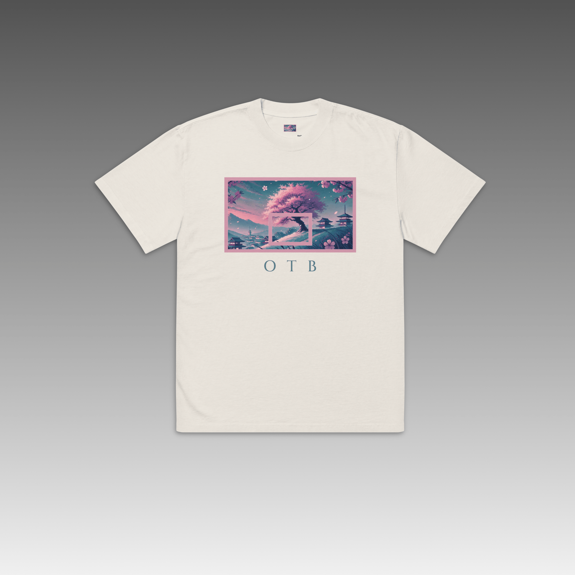 OTB Oversized Tee in Cherry Blossom design - front view showcasing a white oversized t-shirt with beautiful cherry blossom graphics and Japanese-inspired floral artwork, featuring relaxed fit and premium cotton fabric for ultimate comfort