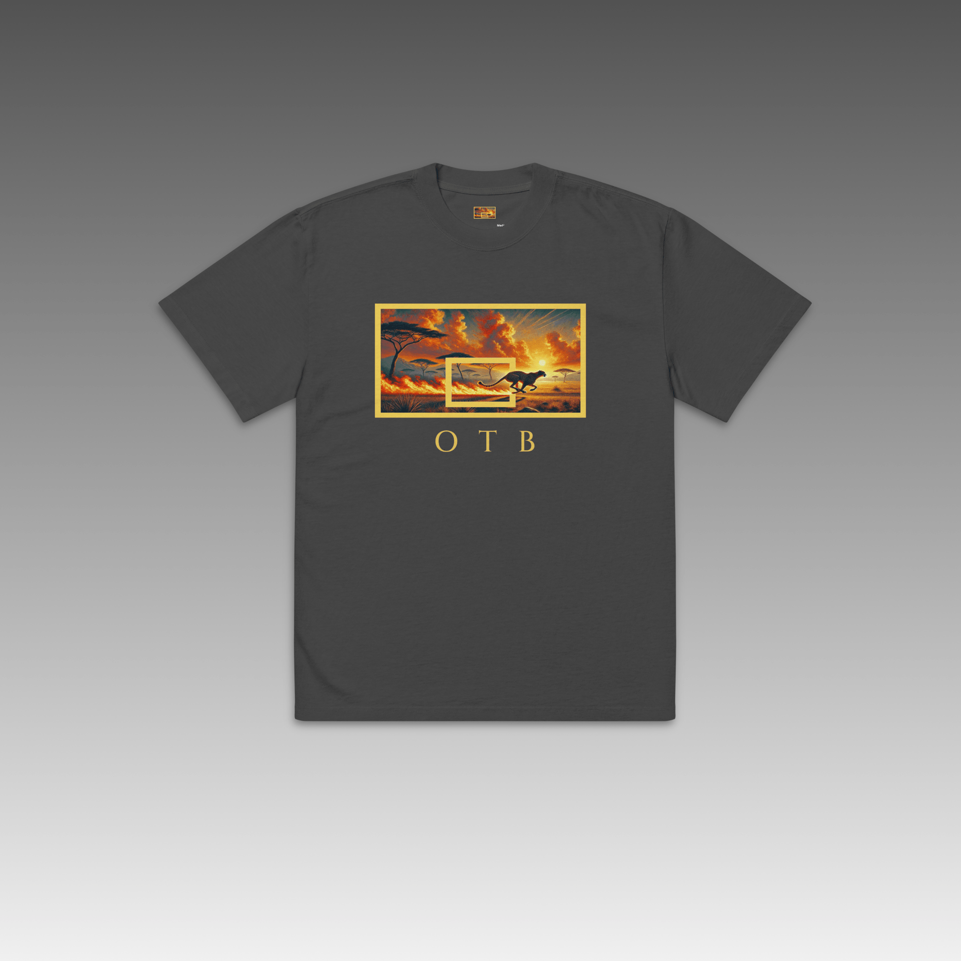OTB Oversized Tee in Flaming Run design - front view showcasing a black oversized t-shirt with dynamic flame graphics and running motif, featuring relaxed fit and premium cotton fabric for ultimate comfort