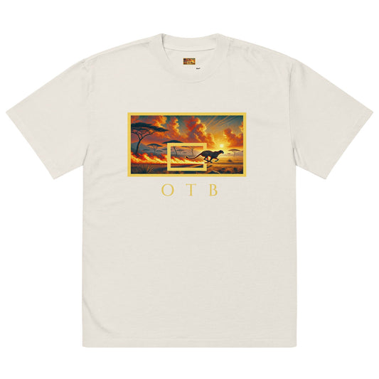 OTB Oversized Tee in Flaming Run design - front view showcasing a white oversized t-shirt with dynamic flame graphics and running motif, featuring relaxed fit and premium cotton fabric for ultimate comfort