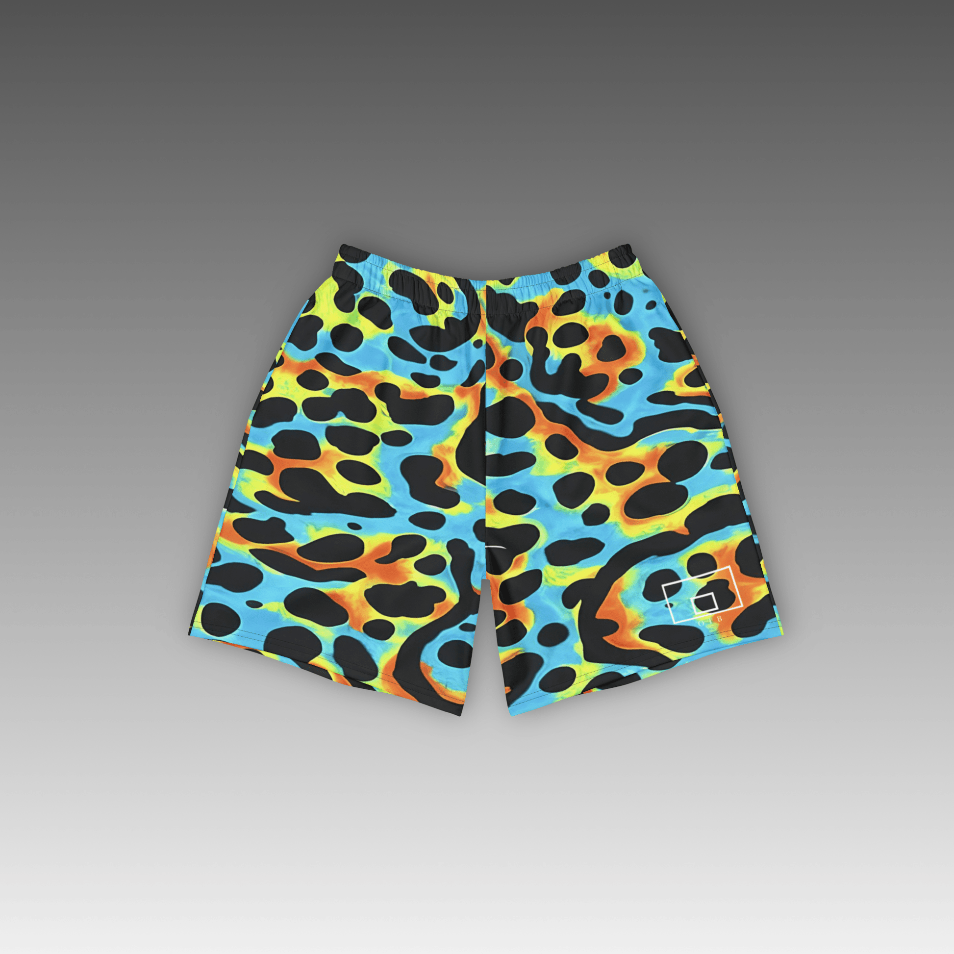 OTB Poison Dart Frog Basketball Shorts - front view showcasing vibrant green shorts with colorful poison dart frog pattern design, featuring lightweight performance fabric and comfortable athletic fit for basketball players