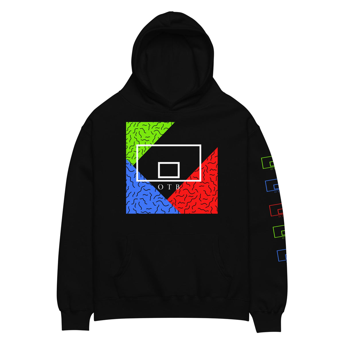 OTB Premium Hoodie in 90s Throwback design - front view showcasing black hoodie with vibrant multicolor 90s-inspired geometric pattern, featuring premium heavyweight fabric and comfortable kangaroo pocket