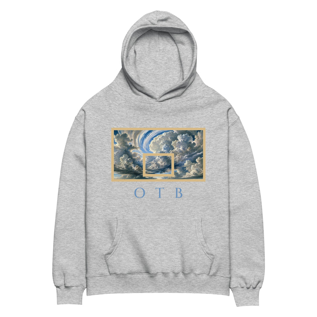 OTB Premium Hoodie in Above The Clouds design - back view displaying the ethereal cloud pattern on sky blue fabric, highlighting the quality construction and warm fleece interior