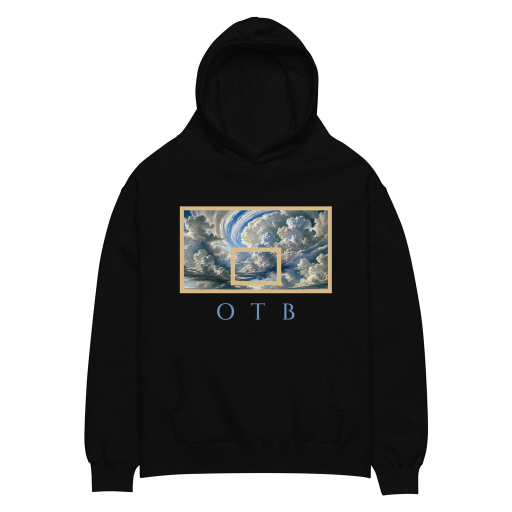 OTB Premium Hoodie in Above The Clouds design - front view showcasing light blue hoodie with dreamy cloud pattern graphics, featuring premium heavyweight fabric and comfortable kangaroo pocket