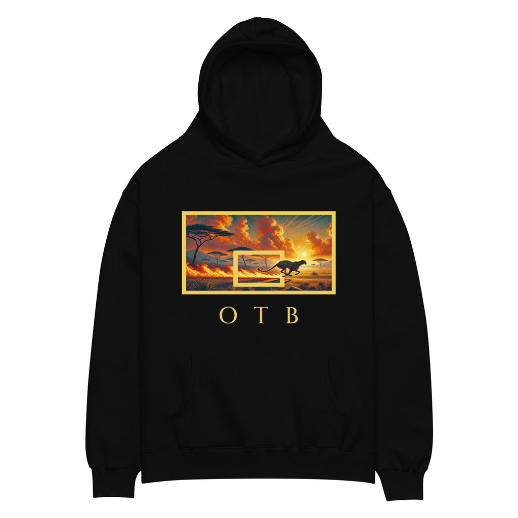 OTB Premium Hoodie in Flaming Run design - front view showcasing black hoodie with dynamic flame graphics and running motif, featuring premium heavyweight fabric and comfortable kangaroo pocket