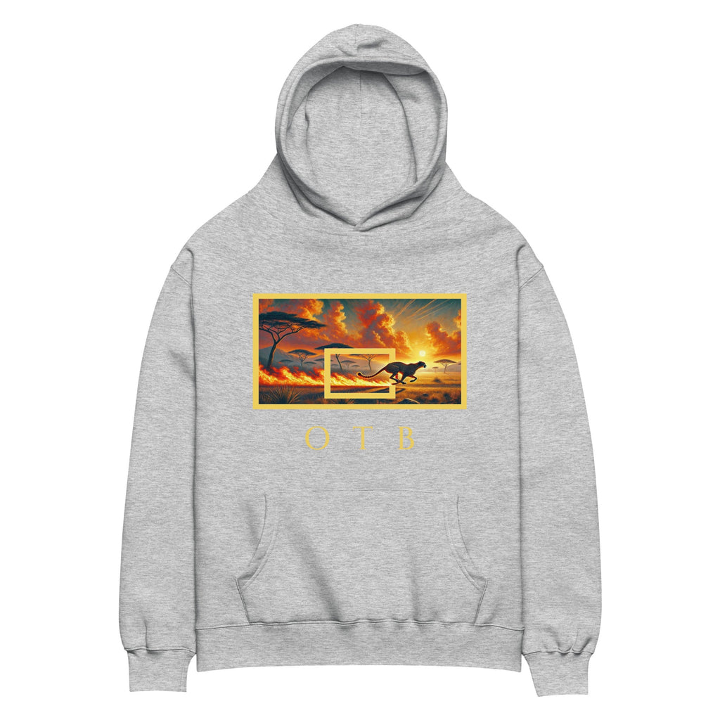 OTB Premium Hoodie in Flaming Run design - back view displaying the detailed flame graphics and running-inspired design, highlighting the quality construction and warm fleece interior