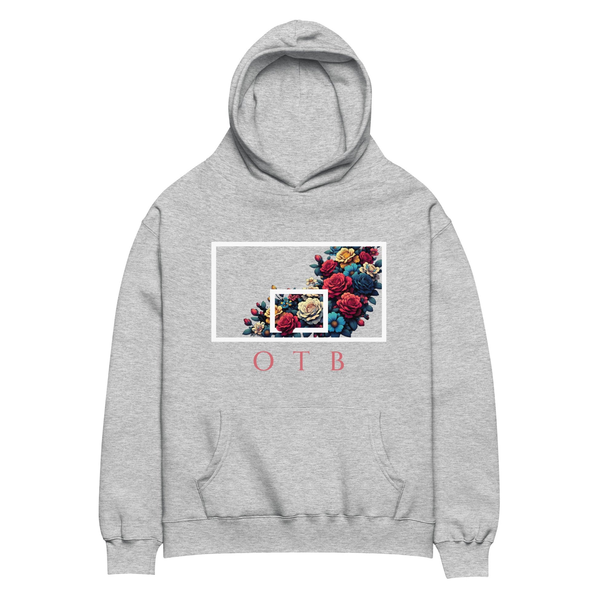 OTB Premium Hoodie in Floral Burst design - front view showcasing hoodie with vibrant floral burst graphics and colorful flower artwork, featuring premium heavyweight fabric and comfortable kangaroo pocket