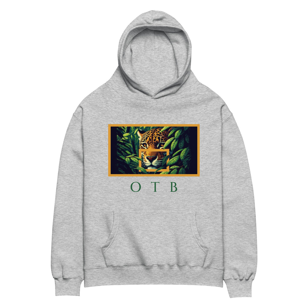 OTB Premium Hoodie in Jungle Jaguar design - front view showcasing grey  hoodie with vibrant jungle jaguar graphics and wild animal artwork, featuring premium heavyweight fabric and comfortable kangaroo pocket