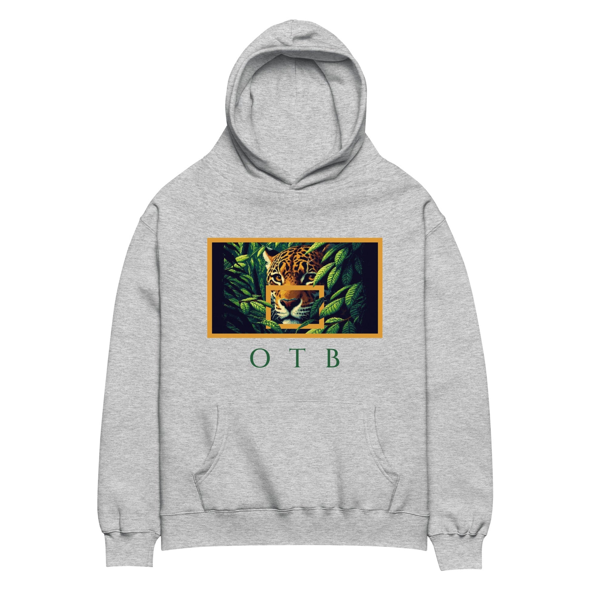 OTB Premium Hoodie in Jungle Jaguar design - front view showcasing grey  hoodie with vibrant jungle jaguar graphics and wild animal artwork, featuring premium heavyweight fabric and comfortable kangaroo pocket