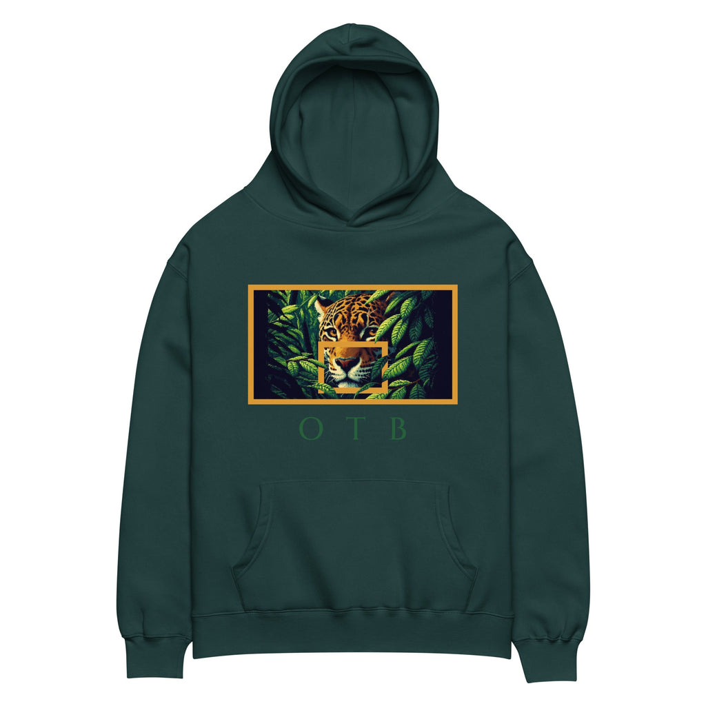 OTB Premium Hoodie in Jungle Jaguar design - front view showcasing green hoodie with vibrant jungle jaguar graphics and wild animal artwork, featuring premium heavyweight fabric and comfortable kangaroo pocket