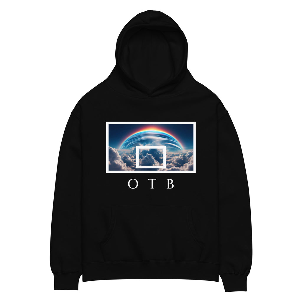 OTB Premium Hoodie in Rainbow Horizon design - front view showcasing a black hoodie with vibrant rainbow horizon graphics and colorful sky artwork, featuring premium heavyweight fabric and comfortable kangaroo pocket