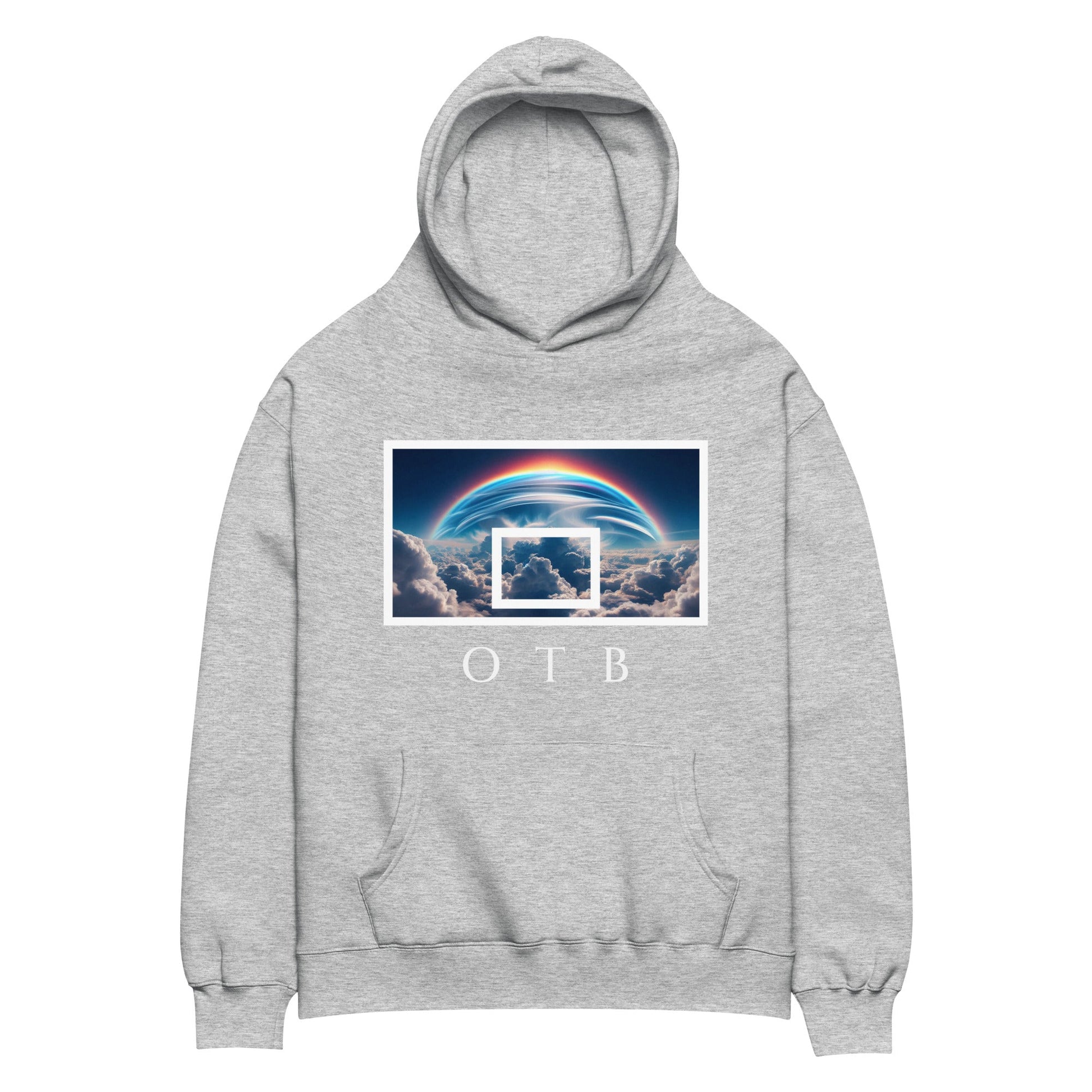OTB Premium Hoodie in Rainbow Horizon design - front view showcasing hoodie with vibrant rainbow horizon graphics and colorful sky artwork, featuring premium heavyweight fabric and comfortable kangaroo pocket