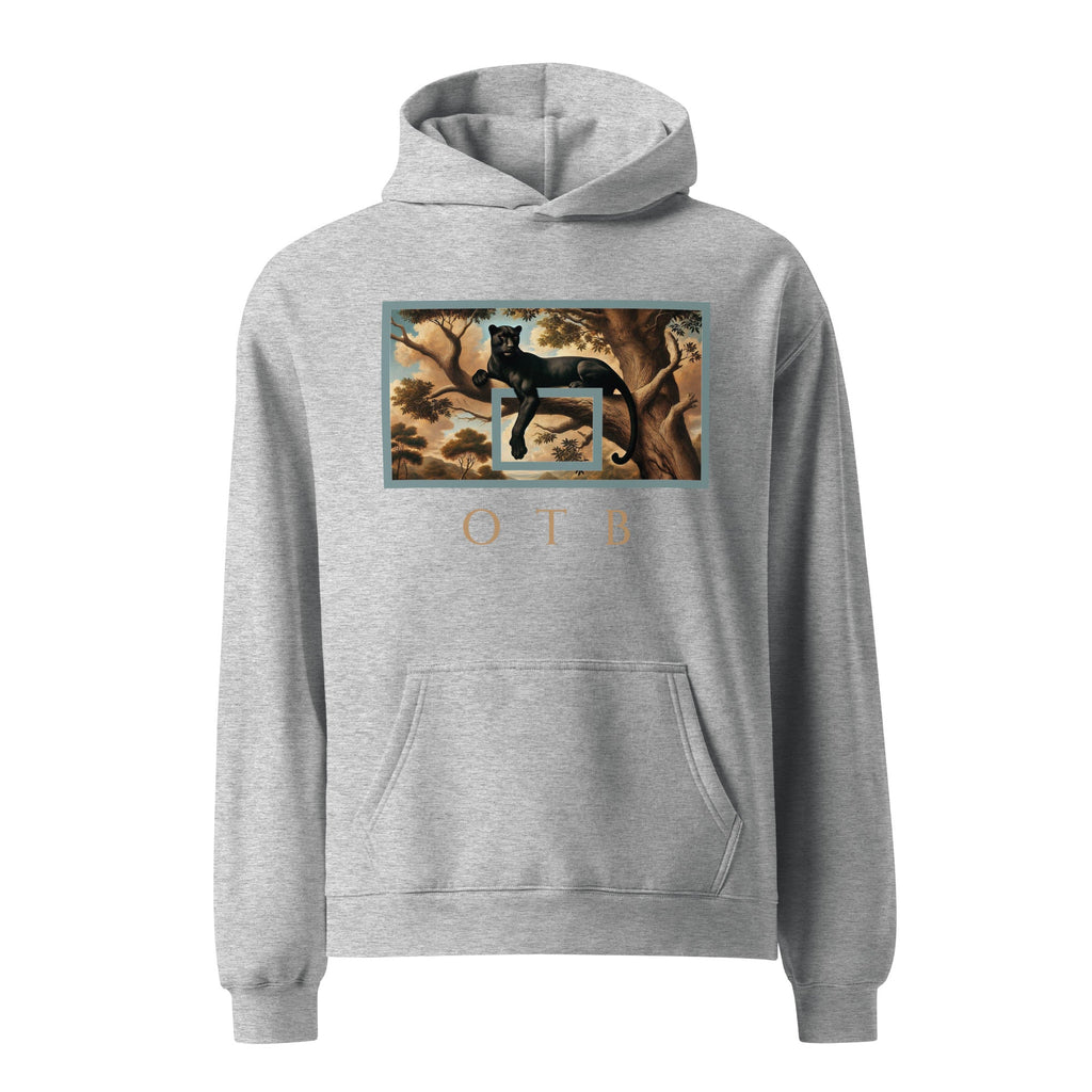 OTB Premium Hoodie in Wild Elegance design - front view showcasing grey hoodie with sophisticated wild animal-inspired graphics and elegant design elements, featuring premium heavyweight fabric and comfortable kangaroo pocket