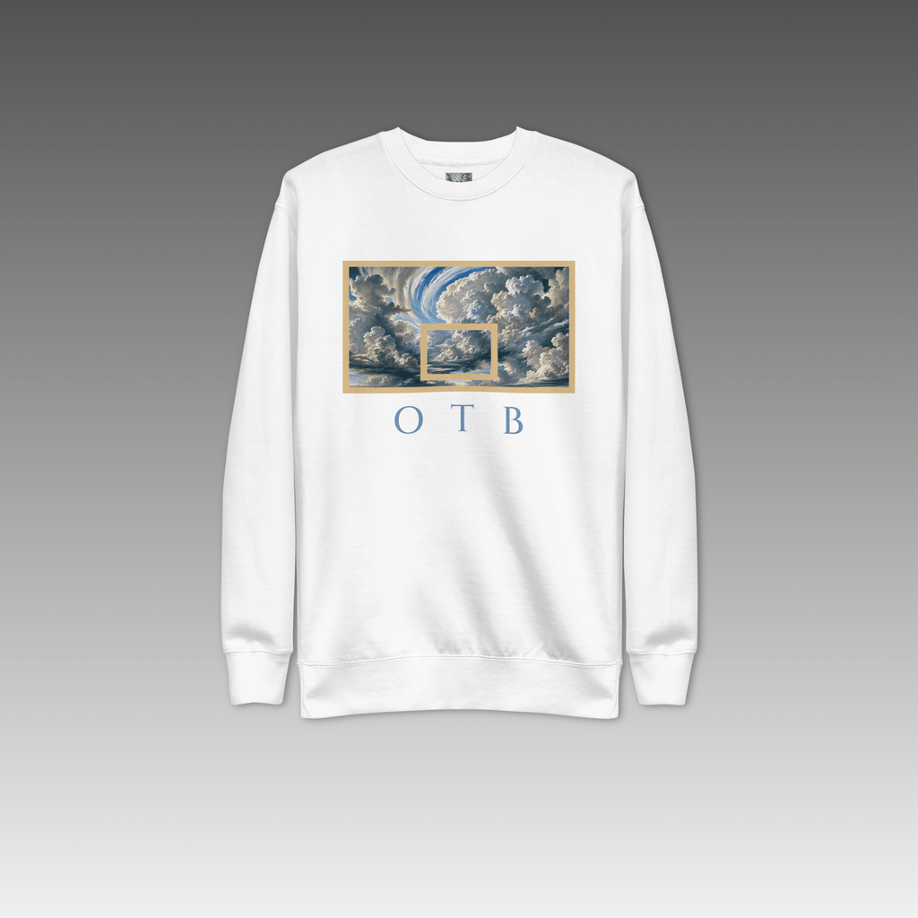 OTB Premium Sweatshirt in Above The Clouds design - close-up view highlighting the texture and quality of the premium fabric with cloud-inspired graphics and reinforced stitching