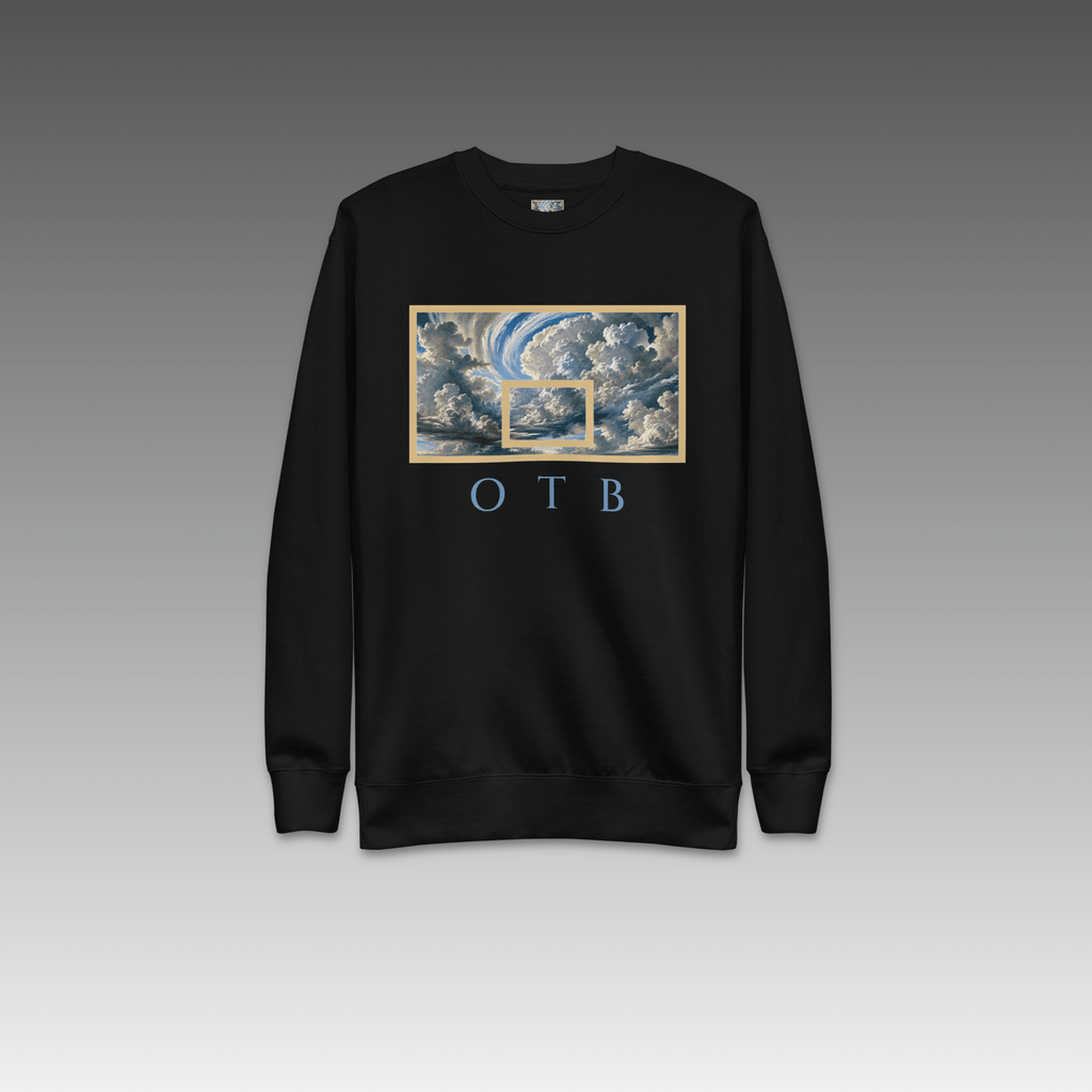 OTB Premium Sweatshirt in Above The Clouds design - front view showcasing light blue sweatshirt with dreamy cloud pattern graphics, featuring premium heavyweight fabric and comfortable crew neck