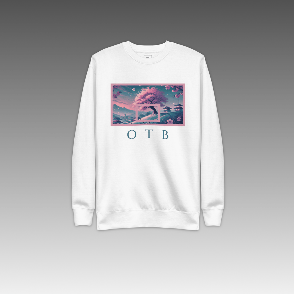 OTB Premium Sweatshirt in Cherry Blossom design - front view showcasing black sweatshirt with beautiful cherry blossom graphics and Japanese-inspired floral artwork, featuring premium heavyweight fabric and comfortable crew neck