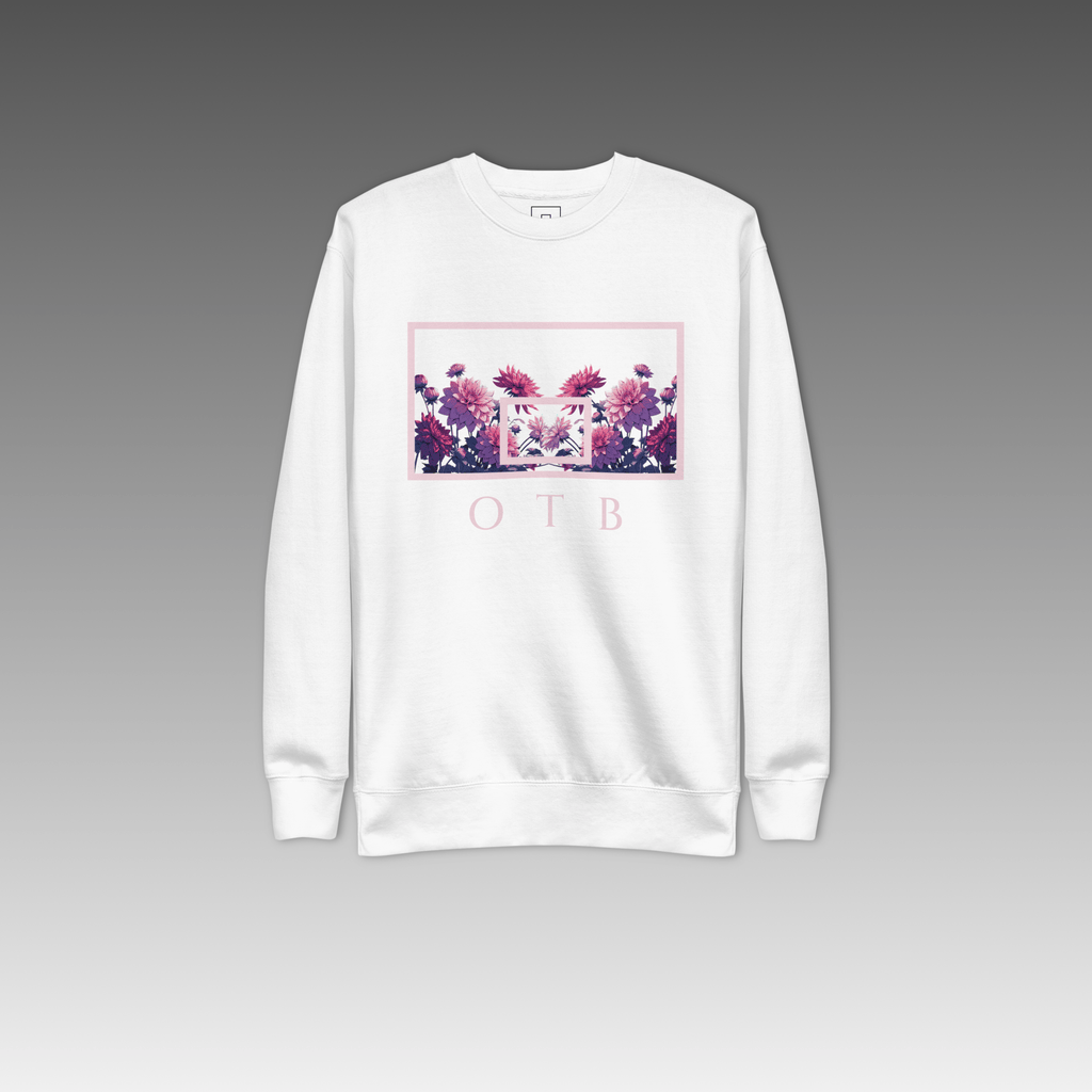 OTB Premium Sweatshirt in Dahlia Dreams design - front view showcasing a white sweatshirt with beautiful dahlia flower graphics and dreamy floral artwork, featuring premium heavyweight fabric and comfortable crew neck