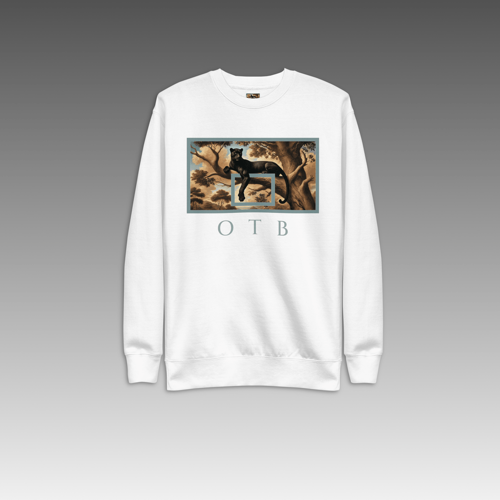 OTB Premium Sweatshirt in Wild Elegance design - front view showcasing White sweatshirt with sophisticated wild animal-inspired graphics and elegant design elements, featuring premium heavyweight fabric and comfortable crew neck