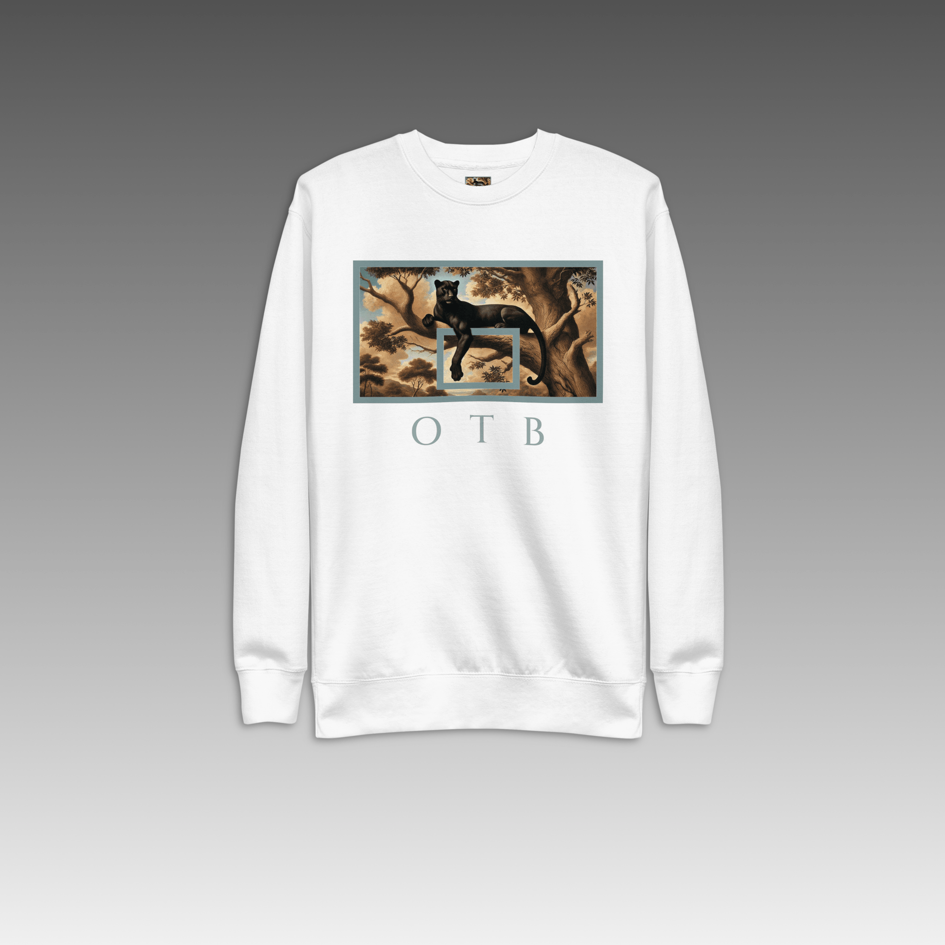 OTB Premium Sweatshirt in Wild Elegance design - front view showcasing White sweatshirt with sophisticated wild animal-inspired graphics and elegant design elements, featuring premium heavyweight fabric and comfortable crew neck