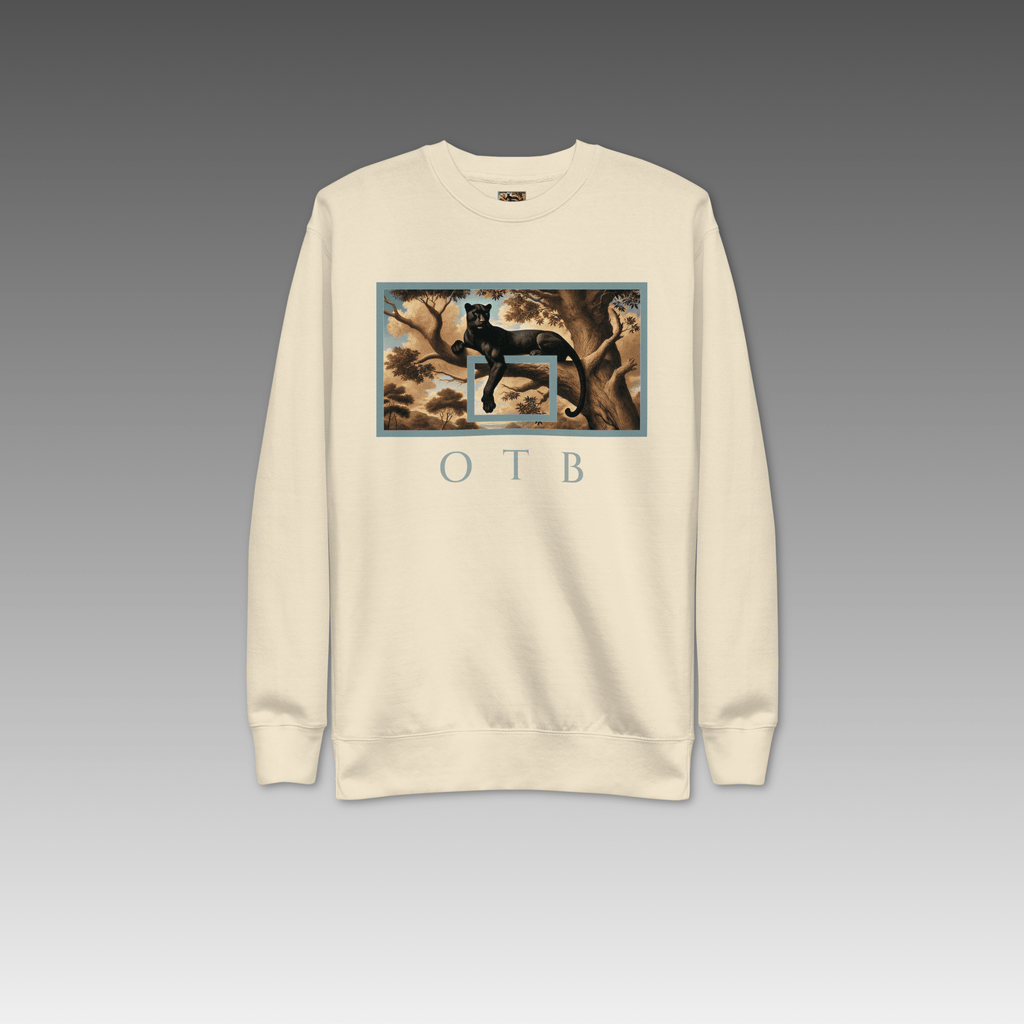 OTB Premium Sweatshirt in Wild Elegance design - front view showcasing cream sweatshirt with sophisticated wild animal-inspired graphics and elegant design elements, featuring premium heavyweight fabric and comfortable crew neck