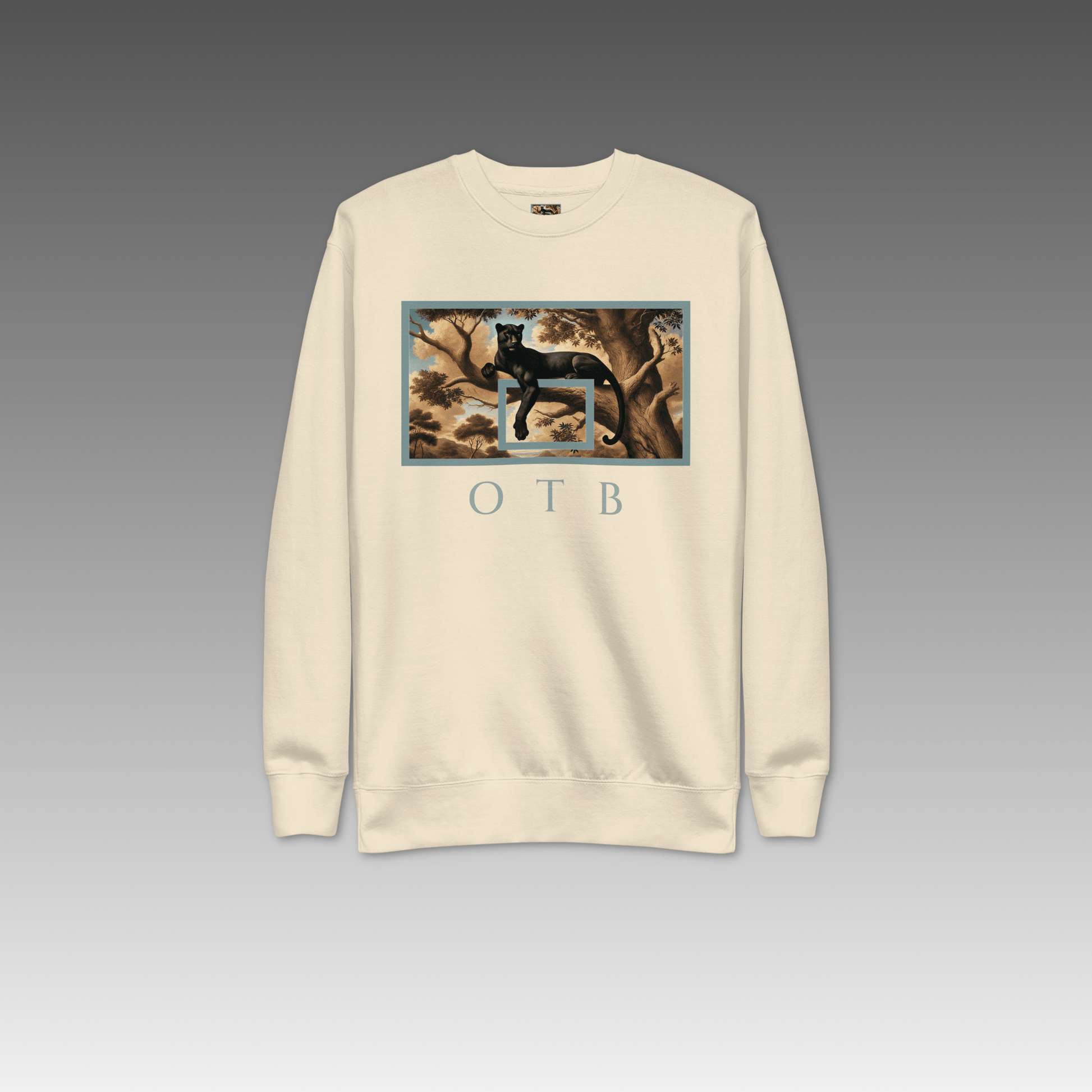 OTB Premium Sweatshirt in Wild Elegance design - front view showcasing cream sweatshirt with sophisticated wild animal-inspired graphics and elegant design elements, featuring premium heavyweight fabric and comfortable crew neck
