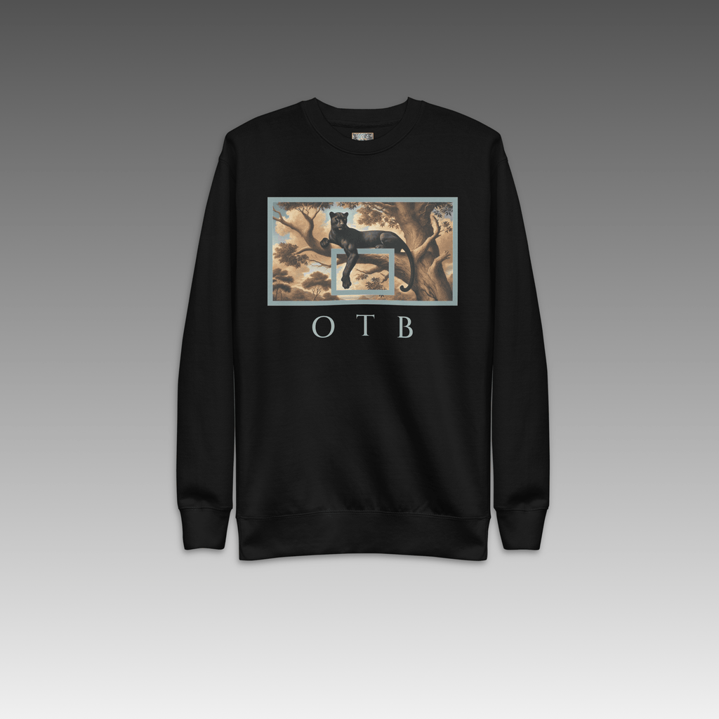 OTB Premium Sweatshirt in Wild Elegance design - front view showcasing black sweatshirt with sophisticated wild animal-inspired graphics and elegant design elements, featuring premium heavyweight fabric and comfortable crew neck