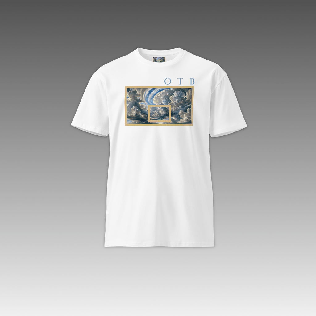 OTB Premium Tee in Above The Clouds design - back view displaying the ethereal cloud pattern on sky blue fabric, highlighting the quality construction and premium cotton material
