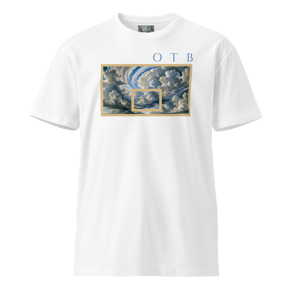 OTB Premium Tee in Above The Clouds design - back view displaying the ethereal cloud pattern on sky blue fabric, highlighting the quality construction and premium cotton material