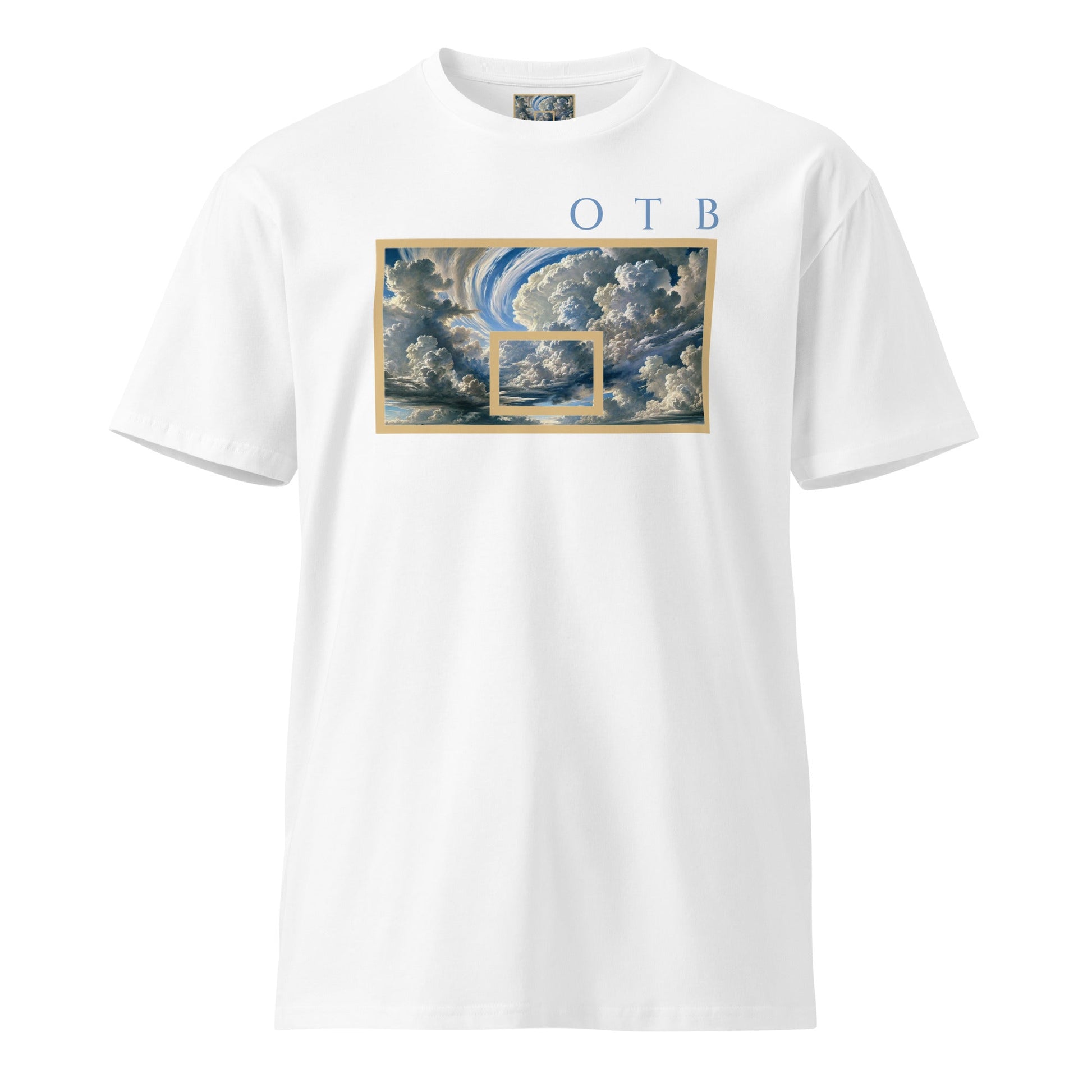 OTB Premium Tee in Above The Clouds design - back view displaying the ethereal cloud pattern on sky blue fabric, highlighting the quality construction and premium cotton material