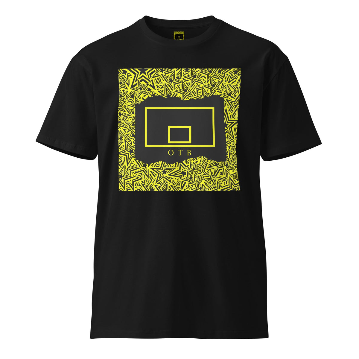 OTB Premium Tee in All-Star Yellow design - front view showcasing vibrant yellow t-shirt with basketball-inspired star pattern graphics, made from high-quality premium cotton fabric