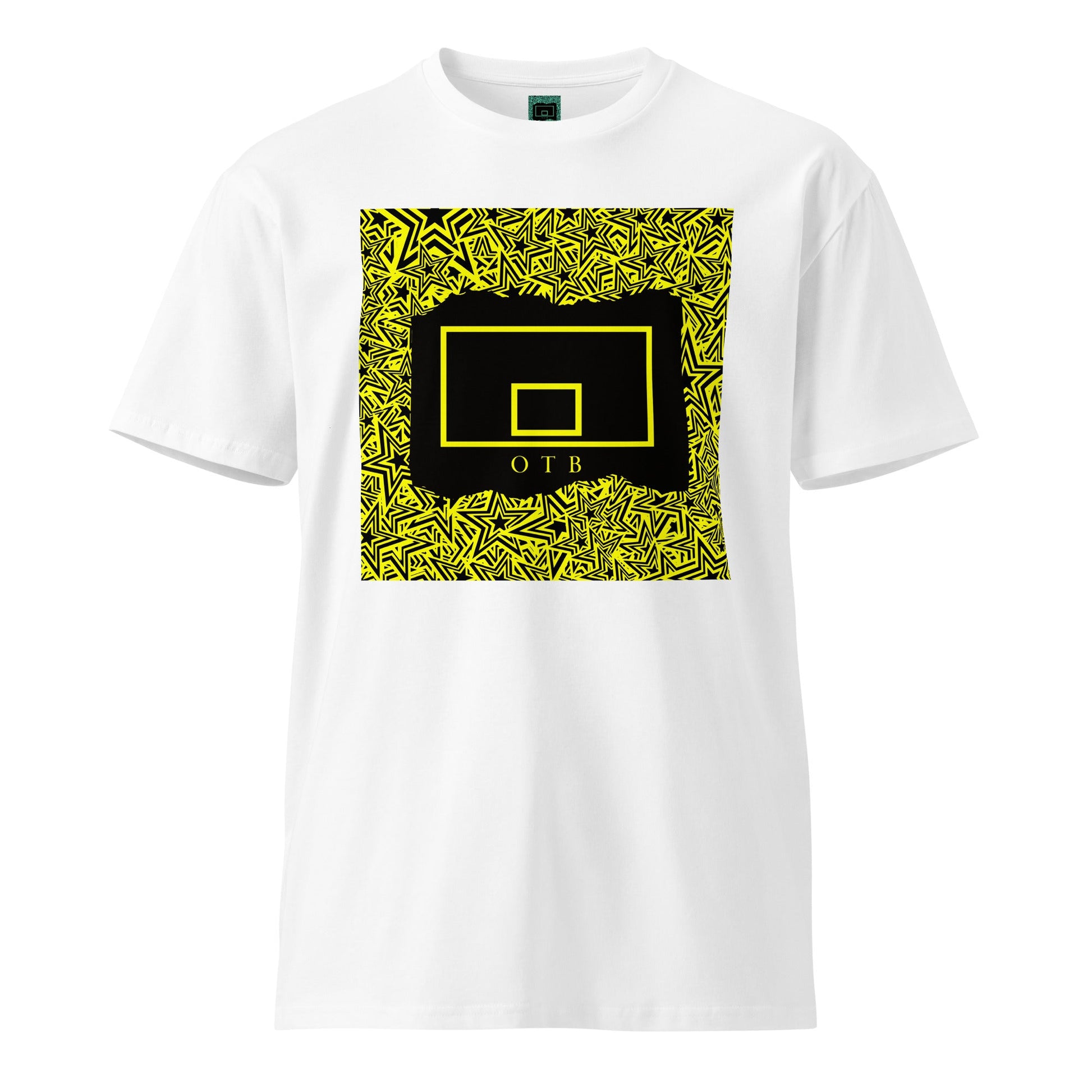 OTB Premium Tee in All-Star Yellow design - front view showcasing vibrant yellow t-shirt with basketball-inspired star pattern graphics, made from high-quality premium cotton fabric